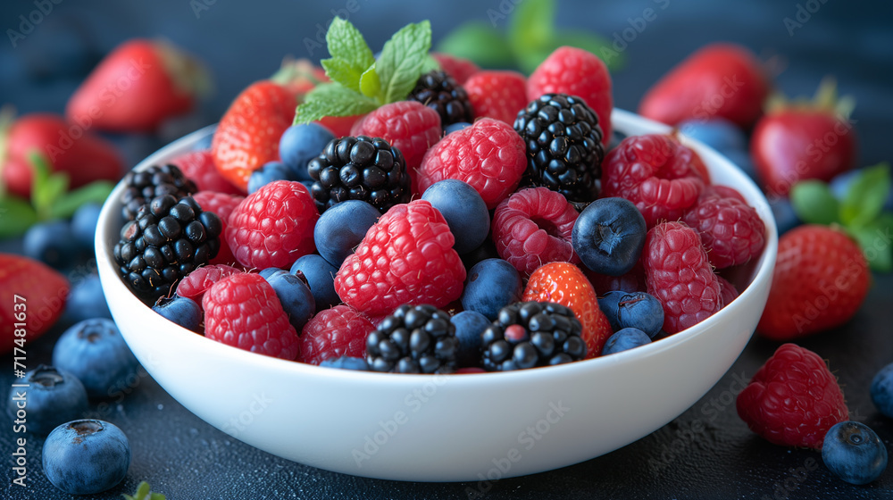 White bowl full of fresh berries. Strawberries, raspberries, blueberries and blackberries. White bowl full of fresh berries. Strawberries, raspberries, blueberries and blackberries.