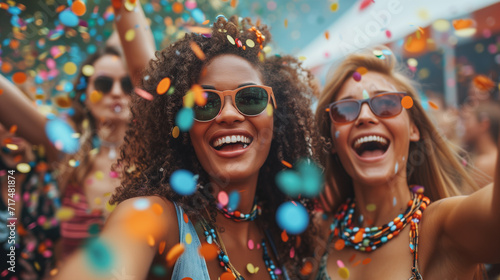 Two young woman attending an outdoor music festival, confetti in the air, they're laughing and having a great time.