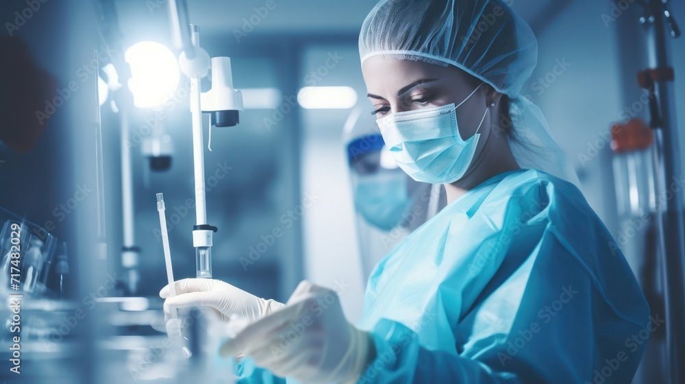 A female nurse in a protective mask working in the clinic A female nurse in a protective mask working in the clinic
