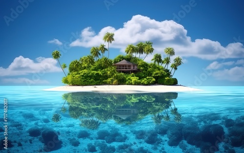An island with coconut trees and a house in the middle. Generative AI