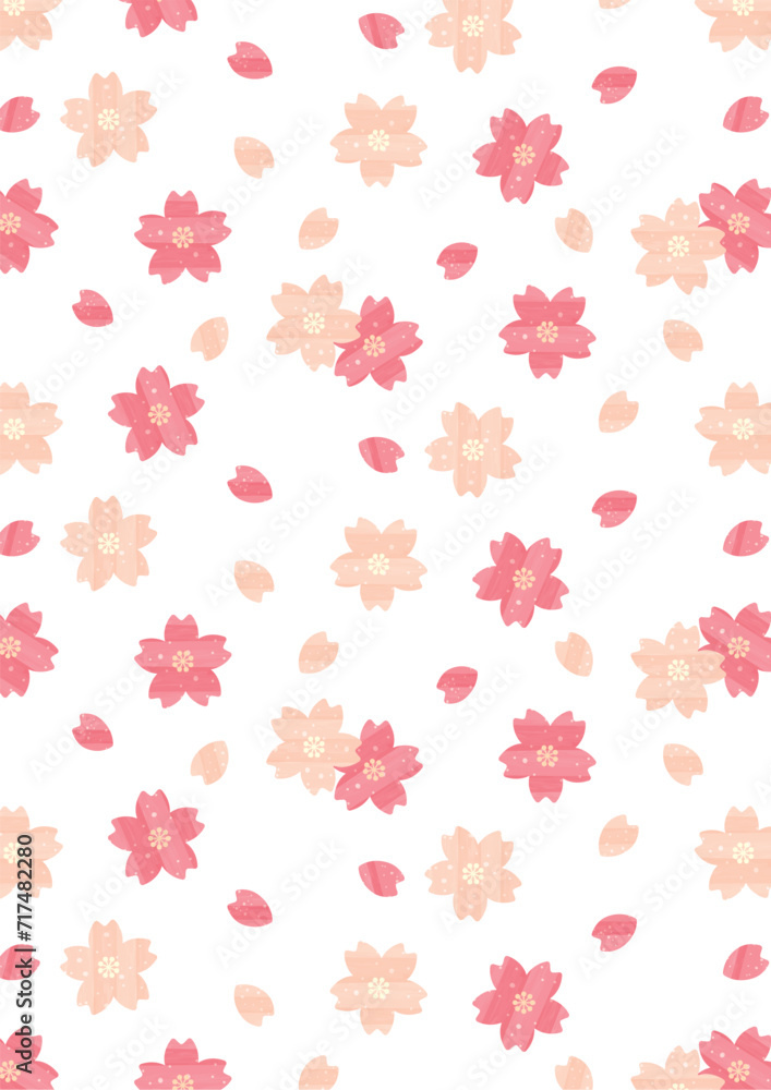 水彩の桜と桜の花びらのパターン背景・壁紙_縦