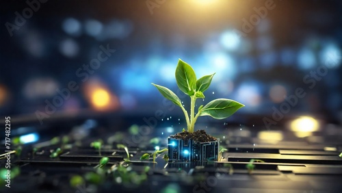 plant growing on computer chip representing digital ecology business and blurred background