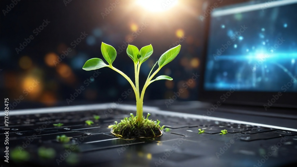 plant growing on computer chip representing digital ecology business and blurred background - obrazy, fototapety, plakaty 