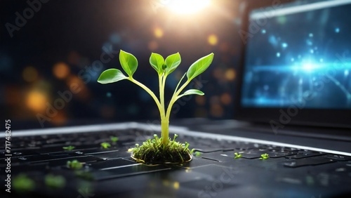 plant growing on computer chip representing digital ecology business and blurred background