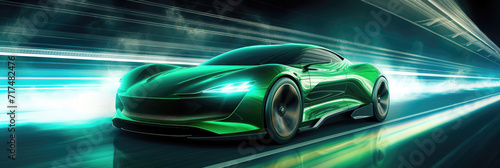 Sleek green sports car speeding with motion blur on a futuristic city track. © AdriFerrer