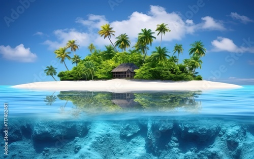 A house that stands on an island with white sand and green coconut trees growing. Generative AI