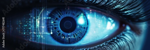 A highly detailed blue human eye with advanced digital augmentation and light effects. photo