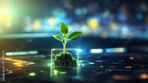 Glowing plant growing on computer chip representing digital ecology business and blurred background	