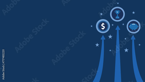 Financial growth concept vector banner design with rising arrow,  piggy bank , trophy and coin icons on a dark blue background. Grow finance modern minimal poster.