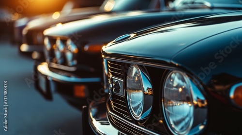 A row of small rectangular headlights with a black trim characteristic of Eastern European cars and their practical and utilitarian design. photo