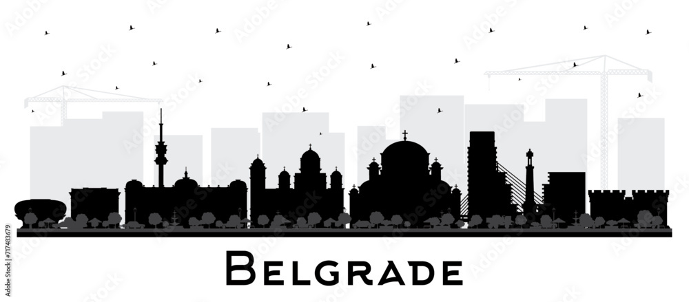 Belgrade Serbia City Skyline Silhouette with Black Buildings Isolated on White. Belgrade Cityscape with Landmarks. Business Travel and Tourism Concept with Historic Architecture.