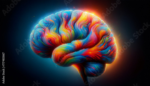 An artistic representation of a human brain viewed from the side, with vibrant colors indicating areas of intense activity