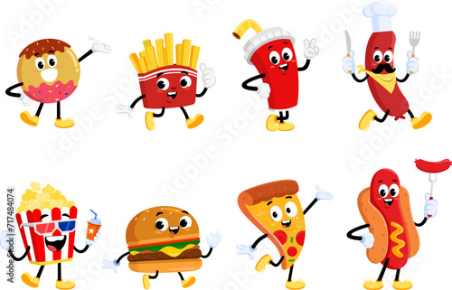 Fast Food Retro Cartoon Characters. Vector Flat Design Collection Set Isolated On Transparent Background