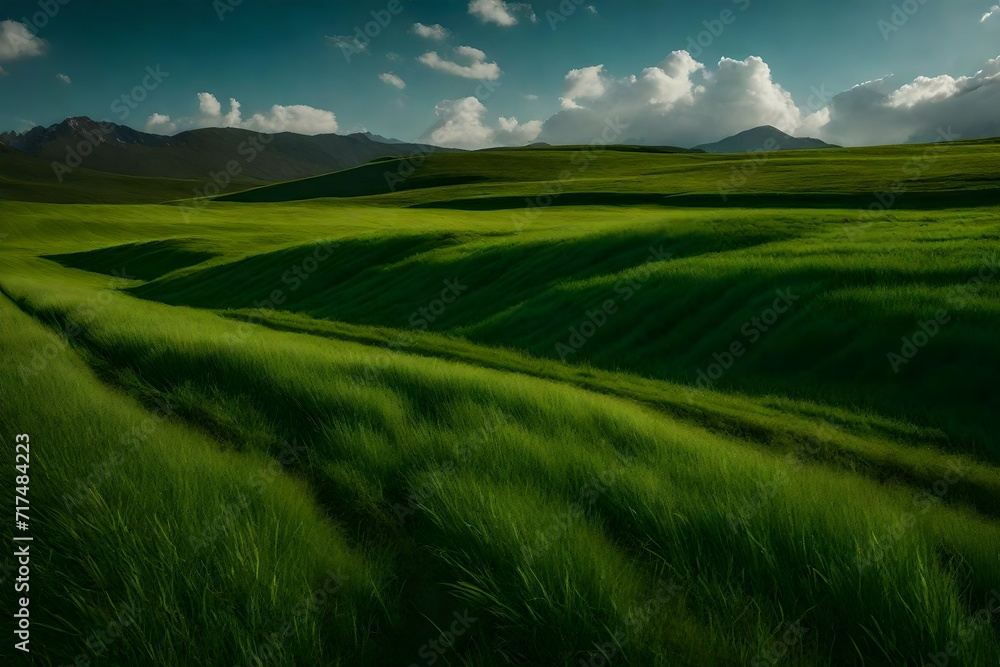 green field and blue sky with clouds