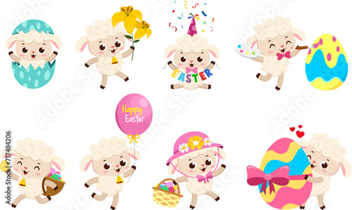 Cute Little Sheep Cartoon Character. Vector Flat Design Collection Set Isolated On Transparent Background