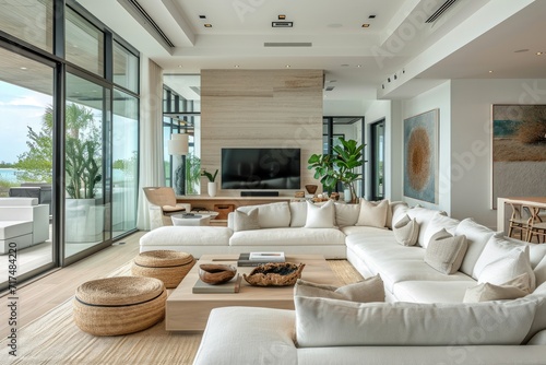 Modern living room interior design in a coastal style property. Generative Ai. © Planum