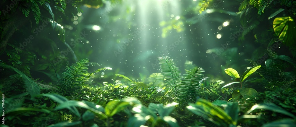Tropical Forest With Sun Rays. Illustration On The Theme Of Nature And Ecology, Climate And Seaso. Generative AI Tropical Forest With Sun Rays. Illustration On The Theme Of Nature And Ecology, Climate And Seaso. Generative AI