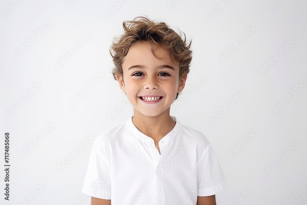 Portrait of a smiling little boy with curly hair over white background Portrait of a smiling little boy with curly hair over white background