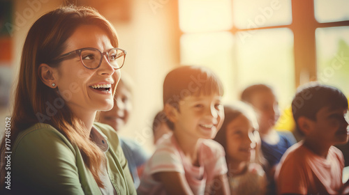 Handsome smiling woman teacher in children class radiates positivity while teaching fostering connection with children and making learning delightful experience, productive teaching methods