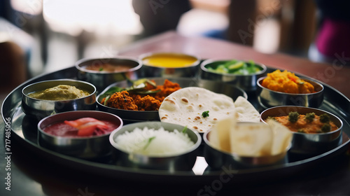 Stunning delicious Indian Thali dish symphony of spices and flavors, Thali graces cafe table inviting diners to indulge in richness of Indian cuisine, rich tapestry of Indian flavors