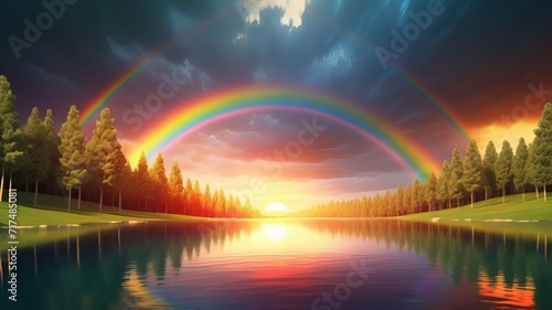 Vibrant Rainbow Over Tranquil Lake at Sunset, Reflective Water Surface, Lush Green Trees, Dramatic Sky, Ideal Nature Background