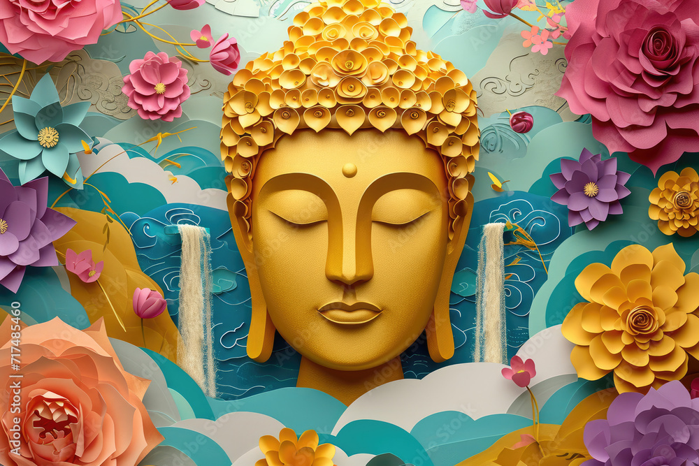 glowing golden buddha face with paper cut colorful flowers, nature background, zen garden