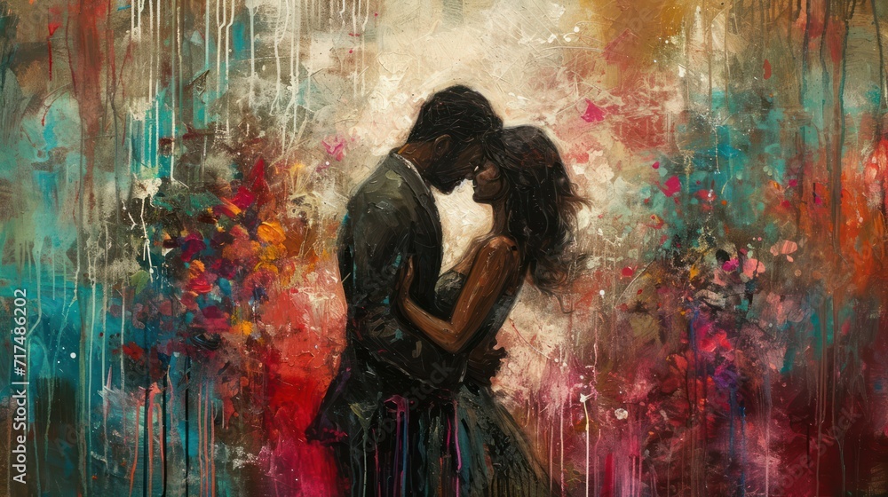 Young couple in love, man and woman in love. Colorful painting. Valentine's day