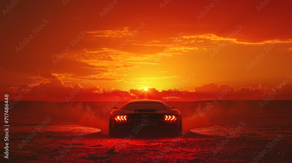 Against the backdrop of a fiery sunset the cars headlights stand out like two blazing flames highlighting the harsh and unrelenting hot climate of the desert. Against the backdrop of a fiery sunset the cars headlights stand out like two blazing flames highlighting the harsh and unrelenting hot climate of the desert.