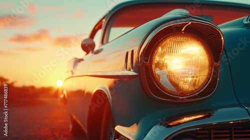 A closeup shot of a vintage cars headlights creating a nostalgic sunset silhouette that takes us back in time. © Justlight