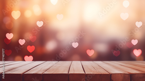 Empty old wooden table background with valentines day theme in background photo
