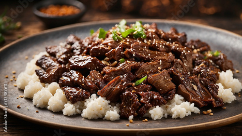 Mongolian Beef from a side perspective, elegantly plated on a wooden surface the luscious, caramelized beef, with a tantalizing interplay of textures and colors against the rustic backdrop photo