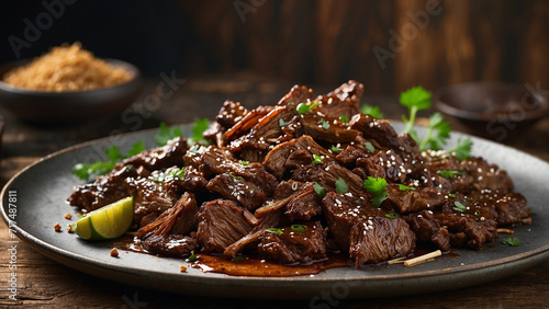 Mongolian Beef from a side perspective, elegantly plated on a wooden surface the luscious, caramelized beef, with a tantalizing interplay of textures and colors against the rustic backdrop photo