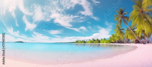 A beach with clear light blue water and clear skies and palm trees on the edge