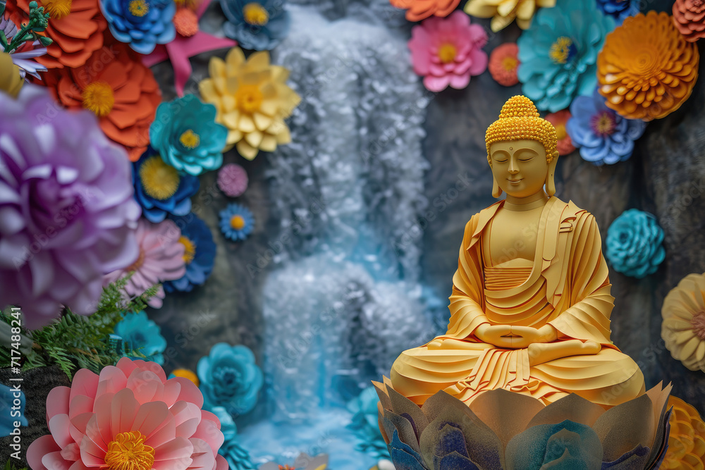 glowing golden buddha with paper cut colorful flowers, nature background, zen garden landscape with water fall