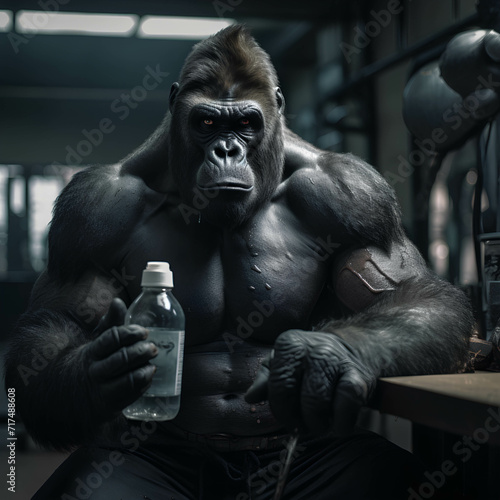 Gorilla in the gym, with a bottle of water illustration concept 