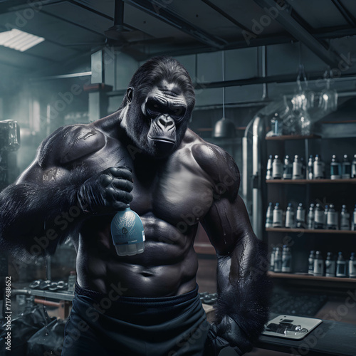 Gorilla in the gym  with a bottle of water illustration concept 
