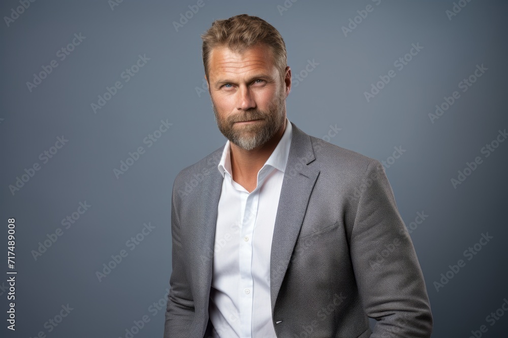 Portrait of a handsome mature man with beard and mustache wearing a grey suit. Portrait of a handsome mature man with beard and mustache wearing a grey suit.