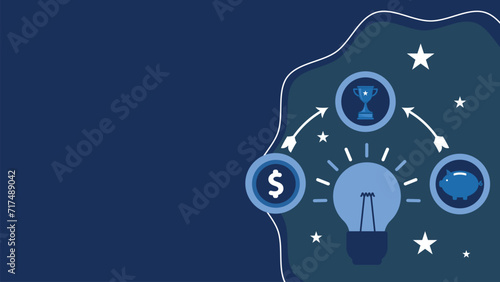 Financial plan and achievement idea concept web vector banner with dollar sign coin, piggy bank, trophy and light bulb icons on a dark blue background.  finance mind map. money goal setting background
