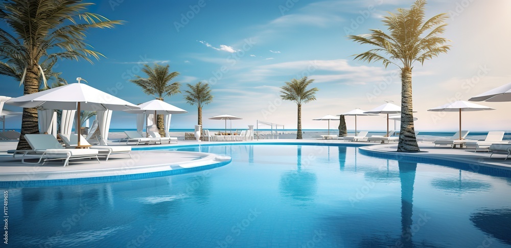 A clear pool by the beach with beach chairs and umbrellas and palm trees