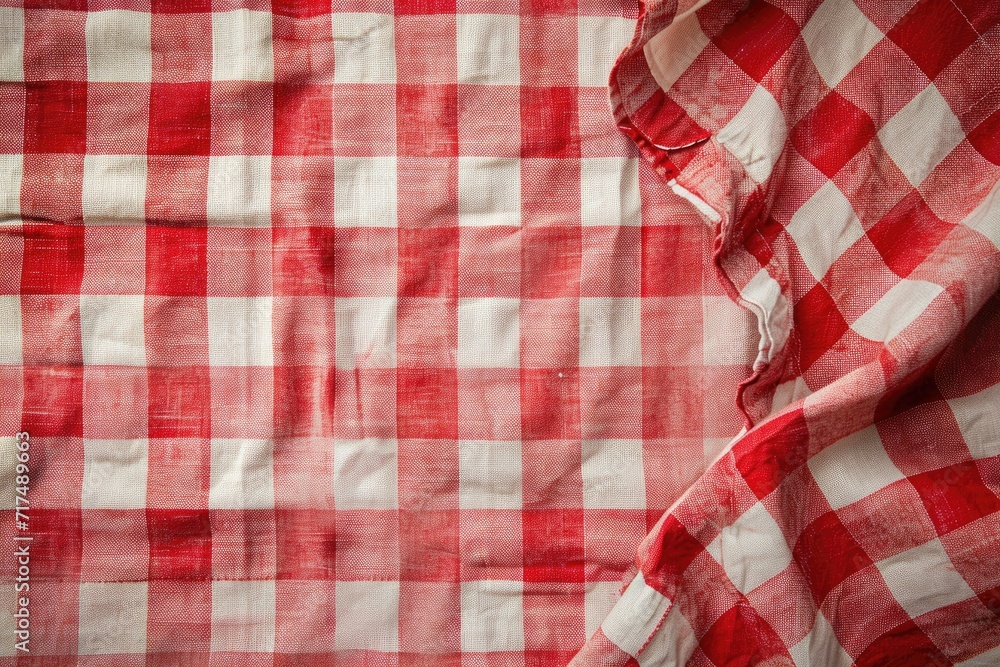 Red checkered tablecloth with empty space seen from above
