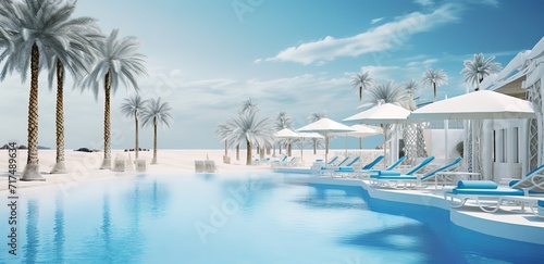 A clear pool by the beach with beach chairs and umbrellas and palm trees