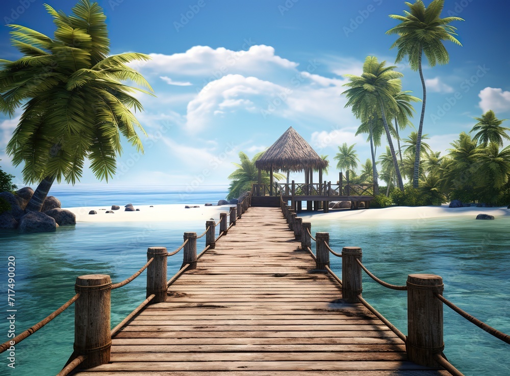 A bridge leading to a house in the middle of the beach. Generative AI
