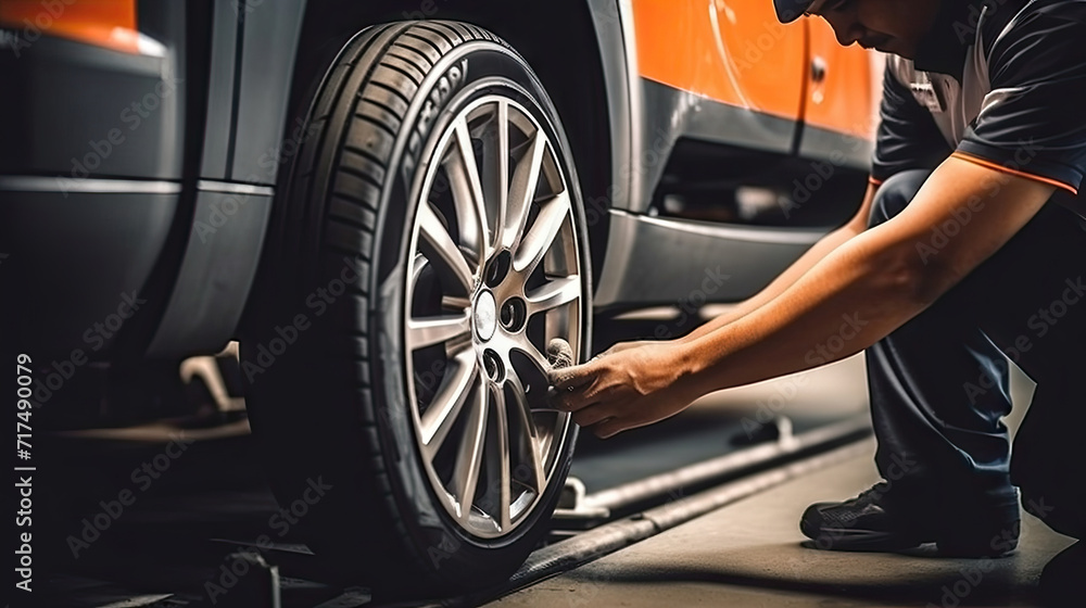 Professional mechanic changing car tyres in auto repair service center. Technician man working at auto repair service center. Changing tire shop. Repair or maintenance auto service