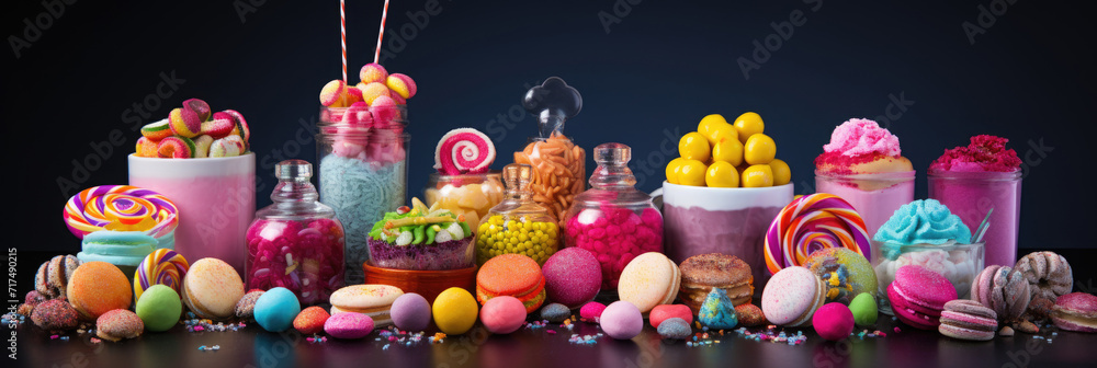 Fototapeta premium Assortment of colourful sweets, gummies and candies on dark blue background. Variety of multicolor sweet food banner. Generative AI.