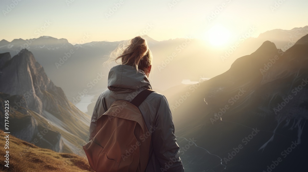 A girl standing on top of a mountain at sunset, AI generated