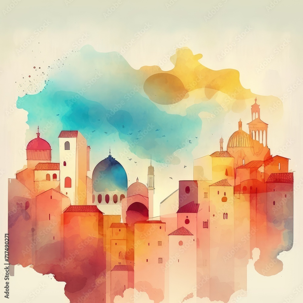 Watercolor European ancient city, generated by AI Watercolor European ancient city, generated by AI