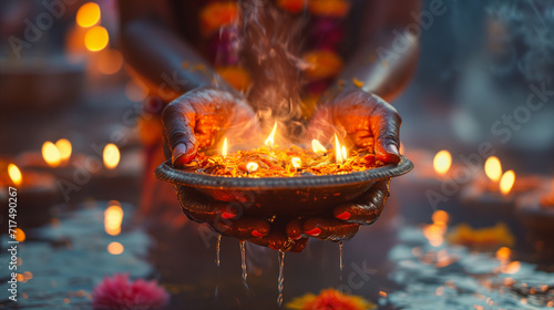 Hands holding a bowl of burning diyas oil lamps in a Hindu temple during a religious offering.
