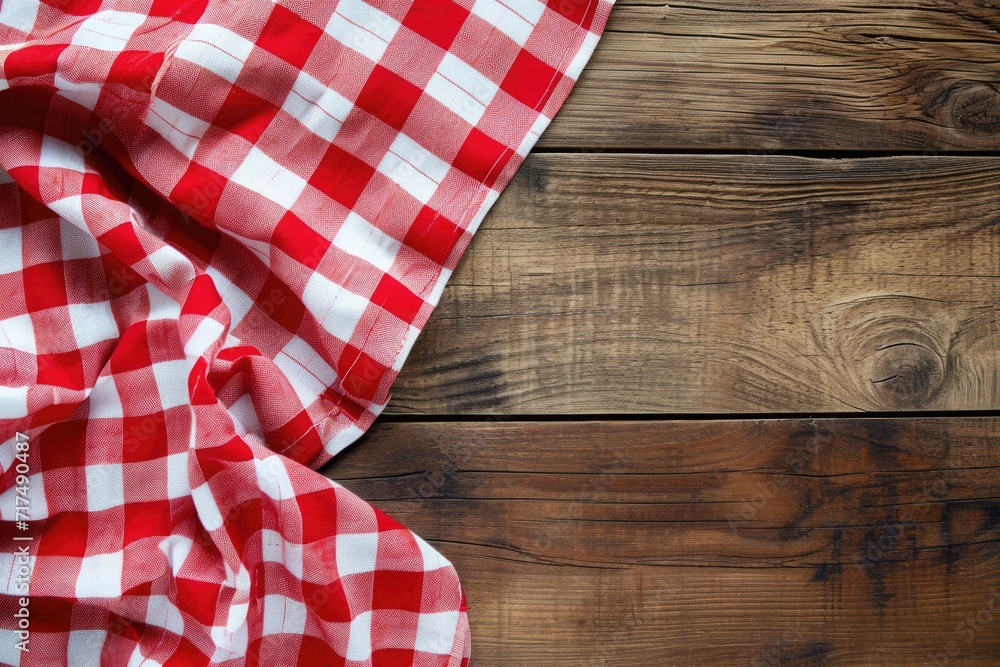 Obraz premium Napkin on rustic table with red checkered cloth
