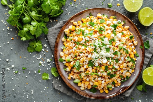 Mexican Street Corn Esquites on a Plate top view Flat lay overhead