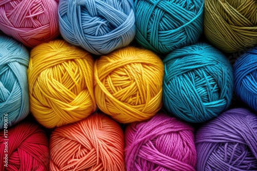 Rainbow colored skeins of yarn viewed from above for knitting